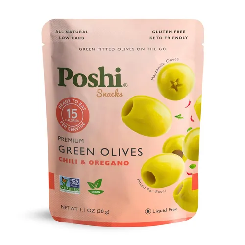 Vista 14 de Poshi Olives + Veggies Variedad de aceitunas enteras sin hueso de 4 sabores Poshi 4 sabores Vegano, Kosher, sin gluten + Snacks saludables