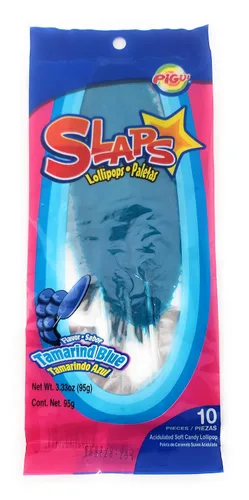 Vista 4 de Paletas Slaps, sabor mango, sandía y tamarindo azul, paquetes de 10 piezas cada uno, 30 piezas en total. 300 gramos