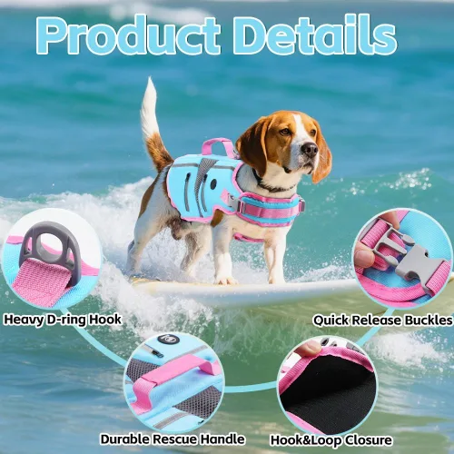 Vista 3 de EMUST Chaleco salvavidas para perros, chaleco salvavidas reflectante para nadar con 4 bolsillos, chaleco flotante para perros pequeños, medianos