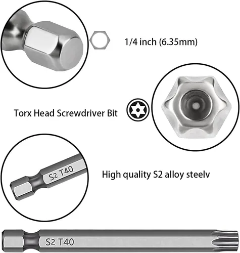 Vista 3 de 11PCS Torx Cabeza Destornillador Broca 1/4 pulgada Hex Shank S2 Acero 2.953 in Longitud Magnética Seguridad Destornillador Set T6-T40 Estrella