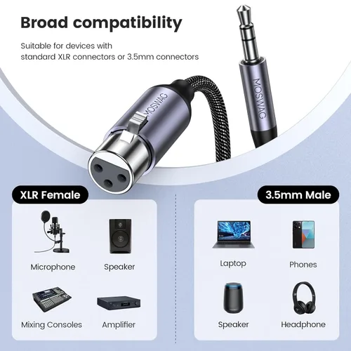 Vista 2 de MOSWAG Cable XLR a 0.138 in de 3 pies, cable hembra de 1/8 pulgadas a XLR, cable TRS de 1/8 pulgadas a micrófono hembra de 3 pines, estéreo
