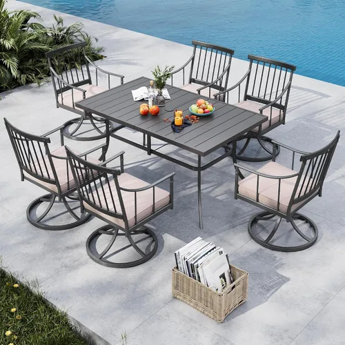 Vista 20 de MFSTUDIO Juego de comedor de 5 piezas de metal para patio, juego de muebles para exteriores con 1 mesa cuadrada de madera y 6 sillas de respaldo