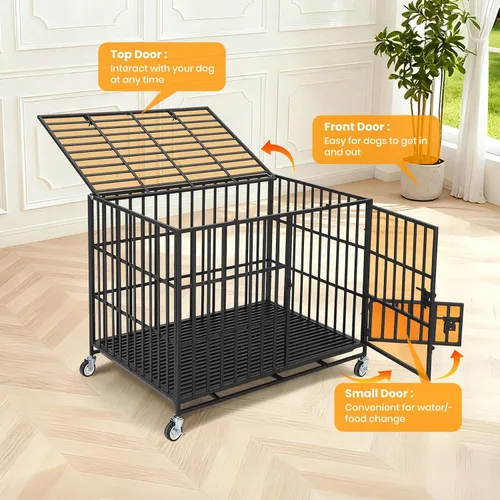 Vista 4 de Jaula para perros resistente a prueba de escapes, perrera de metal XL con 3 puertas, bandeja extraíble y ruedas, jaula interior segura e