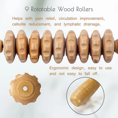 Vista 2 de Rodillo de masaje de madera para dar forma al cuerpo, rodillo de terapia de madera con 9 rodillos giratorios, herramienta de masaje anticelulítica