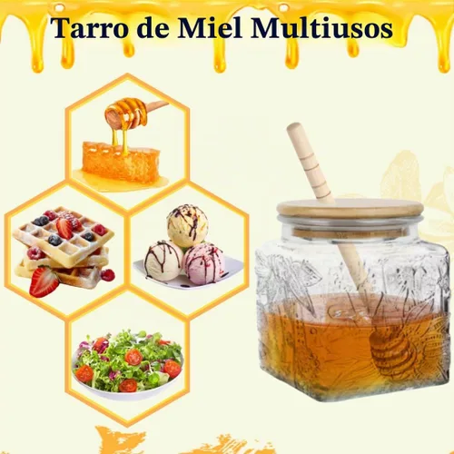 Vista 3 de ANSQU Tarro de Miel, Frasco de Miel de Vidrio Hermético con Tapa de Bambú y Palito Sumergidor, Recipiente de Miel para Almacenar Jarabe Mermelada