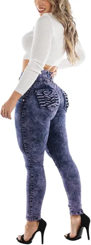 Vista 6 de Moda Xpress Pantalones de mezclilla ajustados de cintura alta y tiro medio para mujer diseño colombiano con levantamiento de glúteos 10623N