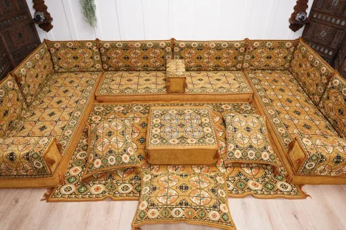 Vista 3 de arabicsofa Sofá en forma de U de estilo árabe para el suelo – Juego de Majlis hecho a mano – Sofá de estilo bohemio
