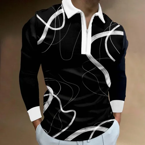 Vista 2 de Polos de golf para hombre, manga larga con cremallera de 14, polos de negocios, a la moda, suaves, cómodas, de algodón, de retazos