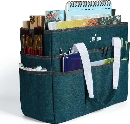 Vista 12 de JJRING Bolsa organizadora de manualidades, organizador de arte con múltiples bolsillos, bolsa de costura beige para arte, manualidades, álbumes