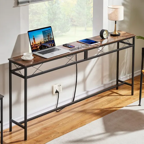 Vista 6 de VECELO Mesa consola angosta extra larga de 55 pulgadas con estación de carga, toma de corriente y puertos USB, para entrada, sala de estar, oficina