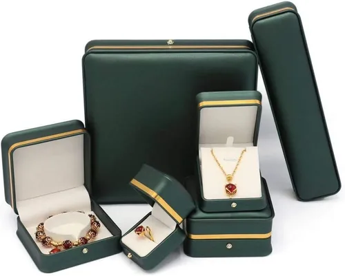 Vista 6 de Caja de cuero de alta calidad verde negruzco conjunto de joyas de boda vitrina soporte de almacenamiento (para collar de perlas)