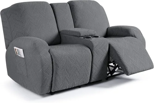Vista 15 de Ruaozz - Fundas elásticas para sofá reclinable con consola de 4 piezas, con bolsillos, fundas de jacquard para sofá reclinable, protectores