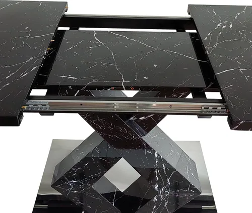 Vista 6 de Mesa de comedor cuadrada moderna, de 47.24 a 62.99 pulgadas de largo, elástica, con estampado de mármol negro + patas de mesa en forma de X de MDF