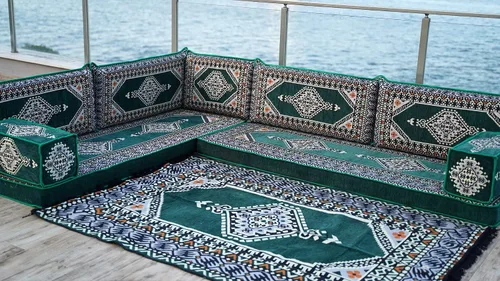 Vista 3 de arabicsofa Verde Juego de Asientos de Suelo Orientales Hechos a Mano – Sofá de Suelo Tradicional con Respaldo