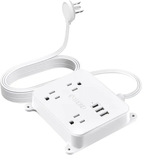 Vista 8 de TROND Regleta de alimentación de enchufe plano, cable de extensión corto de 3 pies con 3 salidas de CA, estación de carga de montaje en pared con 2