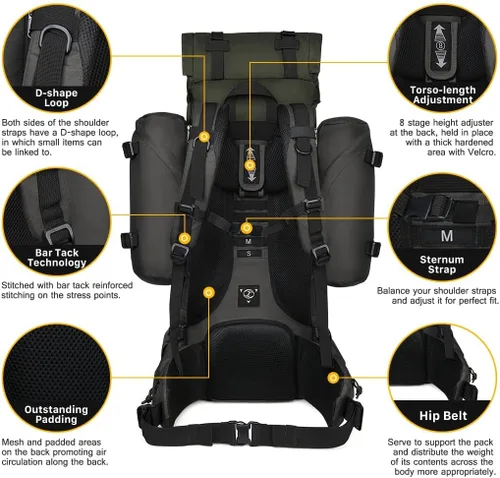 Vista 4 de Mardingtop Mochila de marco interno de 65L+10L para senderismo, camping, caza, mochila de mochilero con cubierta de lluvia
