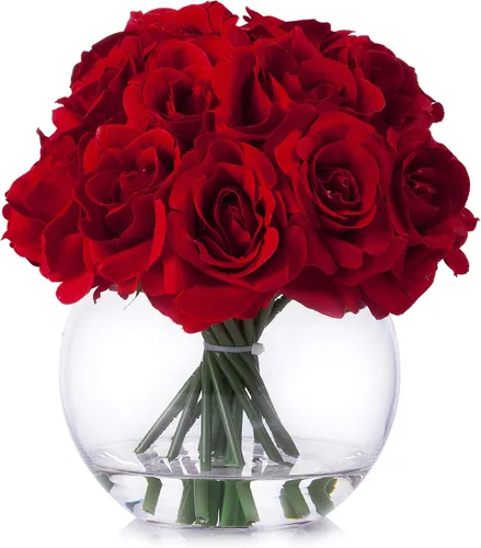 Vista 4 de Arreglo floral de rosas abiertas de seda de 21 cabezas en jarrón redondo de vidrio con agua sintética para decoración de centros de mesa de boda