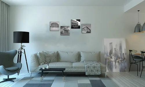 Vista 5 de NAN Wind Moderno lienzo de 4 paneles de arquitecturas en blanco y negro de giclée, pinturas de paisajes en lienzo de edificios de Roma, pinturas