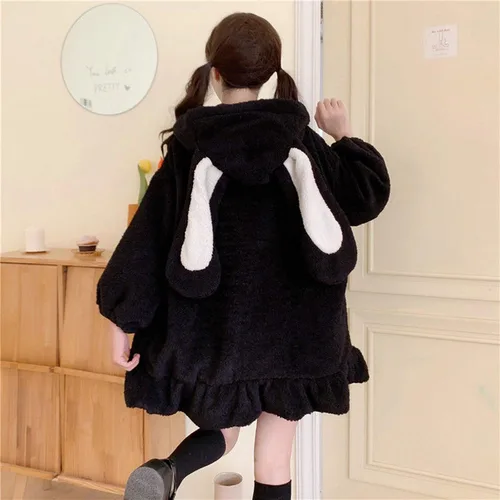 Vista 3 de Sudadera con capucha para mujer, con orejas de conejo, de manga larga, mullida, mullida, con capucha, abrigos