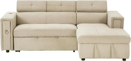 Vista 5 de Moderno sofá cama extraíble de lino con reposacabezas ajustable y carga inalámbrica, sofá esquinero en forma de L de 96 pulgadas, sofá modular