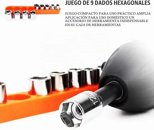 Vista 5 de Juego de llaves de vaso métricas de 1/4, juego de llaves hexagonales estándar, juego de 9 piezas de llaves de impacto