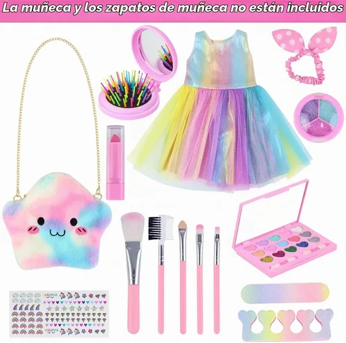 Vista 2 de UNICORN ELEMENT - Juego de 15 piezas de vestido y maquillaje para muñecas de 18 pulgadas Full Makeup Kit; Rainbow Dress, Makeup Bag & Hairband