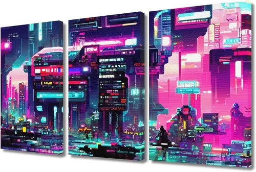 Vista 81 de Arte de pared de 3 piezas de escena de ciencia ficción de la calle comercial futurista paisaje urbano, decoración de pared para dormitorio