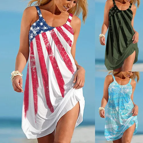 Vista 5 de Oiumov Vestidos de verano para mujer, diseño de bandera americana, vestido patriótico, sin mangas, casual, holgado, bohemio, vestido sin mangas