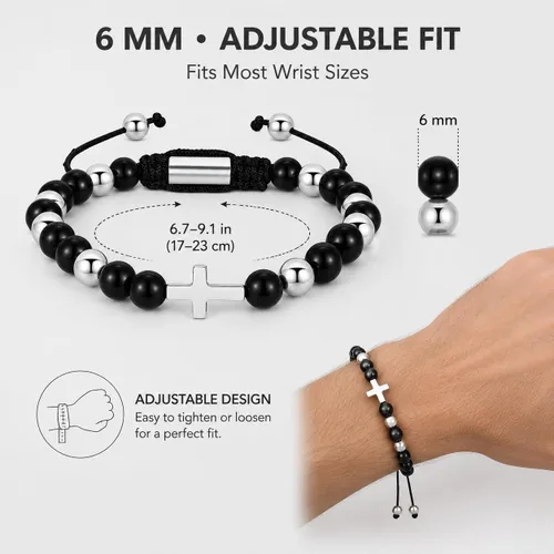 Vista 3 de JAYUMO Pulsera de cuentas ajustable con cuentas de ojo de tigre de piedra natural para hombre y mujer Cruz de ónix negro