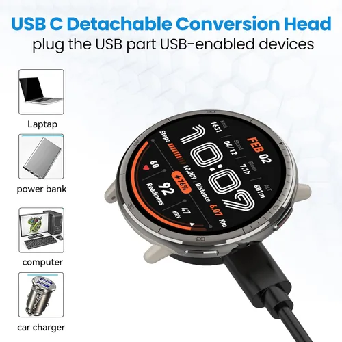 Vista 5 de Diseñado para Amazfit Bip 6 / Active 2, cable de carga cuadrado Active 2 de 3.3 pies, cable USB C de repuesto portátil, reloj inteligente tipo C