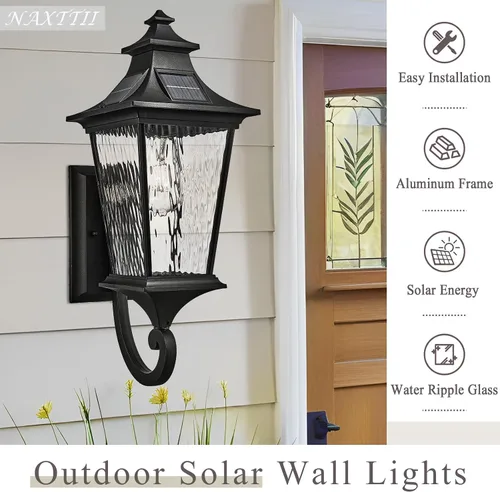 Vista 6 de Apliques solares impermeables para exteriores con control remoto de 20.9 pulgadas de altura, luces solares de pared de gran tamaño con vidrio