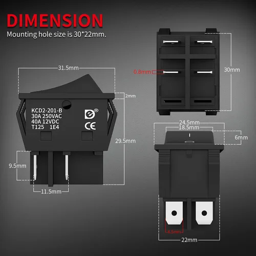 Vista 2 de DaierTek DPST KCD4 Interruptor basculante 40A 12V DC 4 Pin 2 Interruptor de palanca de encendido y apagado 30A 250V AC 120V T125 KCD2 Interruptor