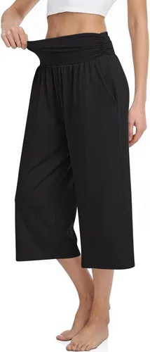 Vista 2 de TARSE Pantalones capri de cintura alta para mujer, pantalones casuales de pierna ancha, pantalones de yoga sueltos y suaves con bolsillos