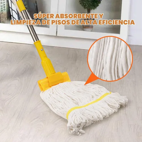 Vista 2 de Trapeador industrial profesional de alta resistencia con mango de 48 pulgadas de largo, mopas comerciales húmedas de algodón para limpieza de pisos