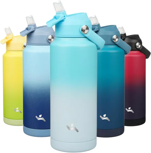 Vista 22 de Konokyo Botella de agua aislada con tapa de pajilla, botella de metal al vacío de acero inoxidable de 18 onzas con mango de silicona, color negro