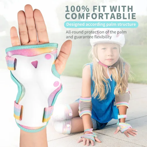 Vista 3 de SULIFEEL Rodilleras de arcoíris y unicornio para niños, coderas, muñequeras con bolsa de cordón, juego de equipo de protección ajustable para niñas
