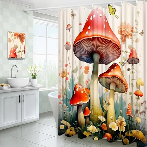 Vista 3 de Cortina de ducha con diseño de hongos, flores retro, mariposa, botánica, estética, fantasía, cortinas decorativas para baño con ganchos