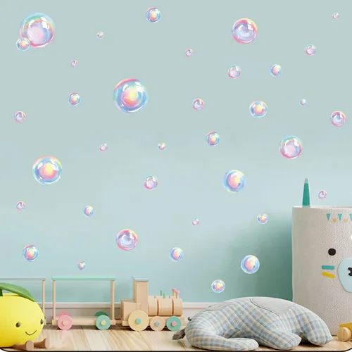 Vista 2 de Calcomanía de pared de burbujas coloridas, decoración de fondo del mundo subacuático, burbujas del océano para habitación de los niños, baño