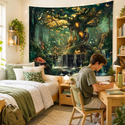 Vista 4 de Apdidl Tapiz de bosque para dormitorio, tapices de pared de hadas verdes Tapiz A-Forest