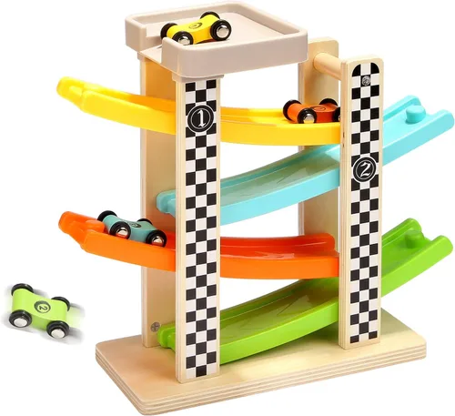 Vista 7 de TOP BRIGHT Juguete de rampa de coche para regalos de niños de 2 a 3 años, juguete de pista de carreras para niños de 18 meses con 4 autos de madera