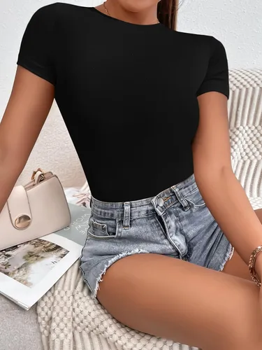 Vista 4 de LilyCoco Body básico de manga corta para mujer, cuello redondo, leotardos