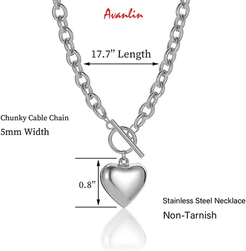 Vista 3 de Collar con dije de corazón de acero inoxidable plateado, gargantilla con dije de cadena de cable, joyería para mujeres y niñas