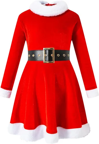 Vista 3 de DANBAIEGG Traje de Navidad para niñas, vestido de Papá Noel, disfraz de Navidad con sombrero y cinturón