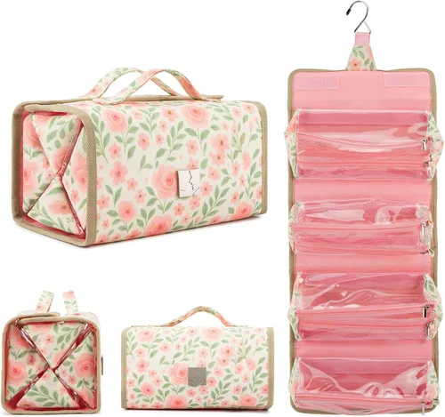 Vista 13 de ROYALFAIR Bolsa de maquillaje enrollable, bolsa de aseo de viaje para mujer con 4 bolsas transparentes aprobadas por la TSA, organizador de viaje