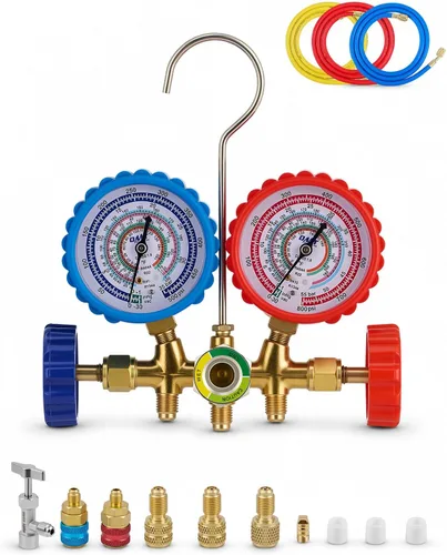 Vista 7 de Orion Motor Tech Medidores de CA, juego de manómetros de CA para R134a R12 R22 R502, juego de 3 vías de calibre CA automotriz con calibradores
