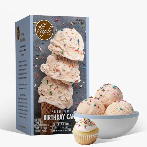 Vista 3 de Triple Scoop - Pastel de cumpleaños prémium (2) mezcla de helado para hacer helados. Simple, fácil, delicioso. De mezcla gourmet a máquina en 5