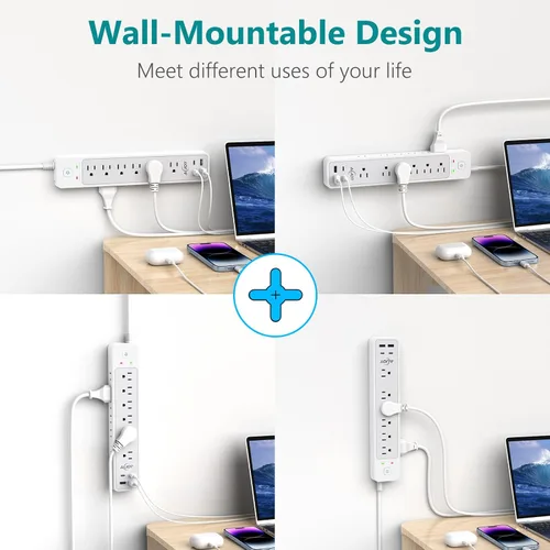 Vista 6 de Regleta de protección contra sobretensiones de 5 pies con 12 tomas de corriente y 4 puertos USB AiJoy Power Strip with USB Ports Extension Cord