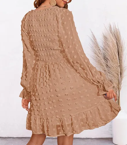 Vista 4 de BTFBM Vestido corto fruncido de manga larga con cuello en V para mujer, estilo casual, con volantes, mini babydoll para primavera y verano 2023