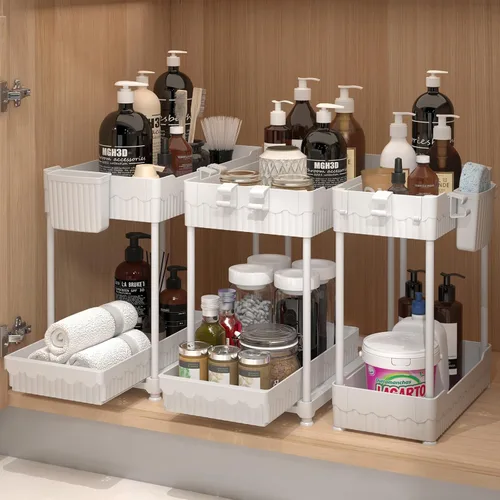 Vista 7 de Sevenblue Paquete de 3 organizadores para debajo del fregadero, organizadores multiusos de cocina y baño de 2 niveles y almacenamiento con cajones