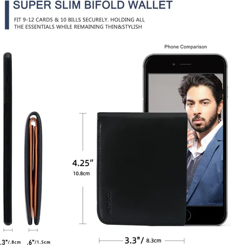 Vista 5 de Billeteras delgadas de piel de becerro para hombres con bloqueo RFID, bolsillo frontal de cuero, billetera minimalista plegable de fácil acceso